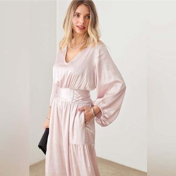 Mustard Seed Satin V-Neck Ruched Waist Wide Leg Jumpsuit - Picture 3 of 7